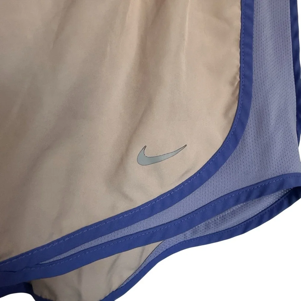 Nike‎ Dri-FIT Tempo Womens Running Shorts Tan Purple Trim Size L 3 Inch Inseam